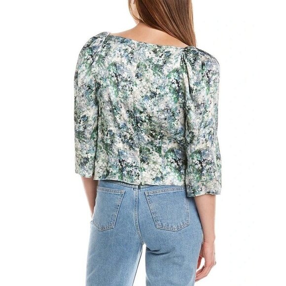Vince Size 10 Floral Satin Blouse Green Square Neck Puff Sleeve Cottagecore New - Picture 2 of 10